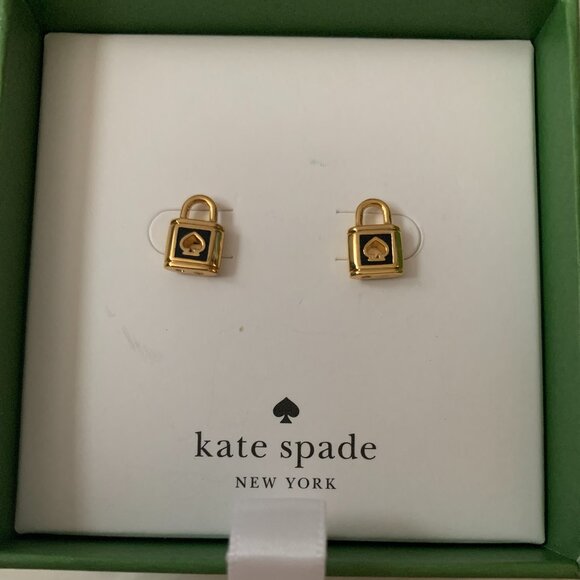 KATE SPADE Mini Lock and Spade Stud Earrings in Black/Gold - Picture 2 of 3